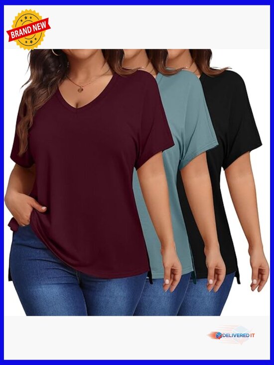 Tops - 3 Pack Plus Size V Neck Tunic Tops Short Sleeve High Low Hem Summer Tees Blouses